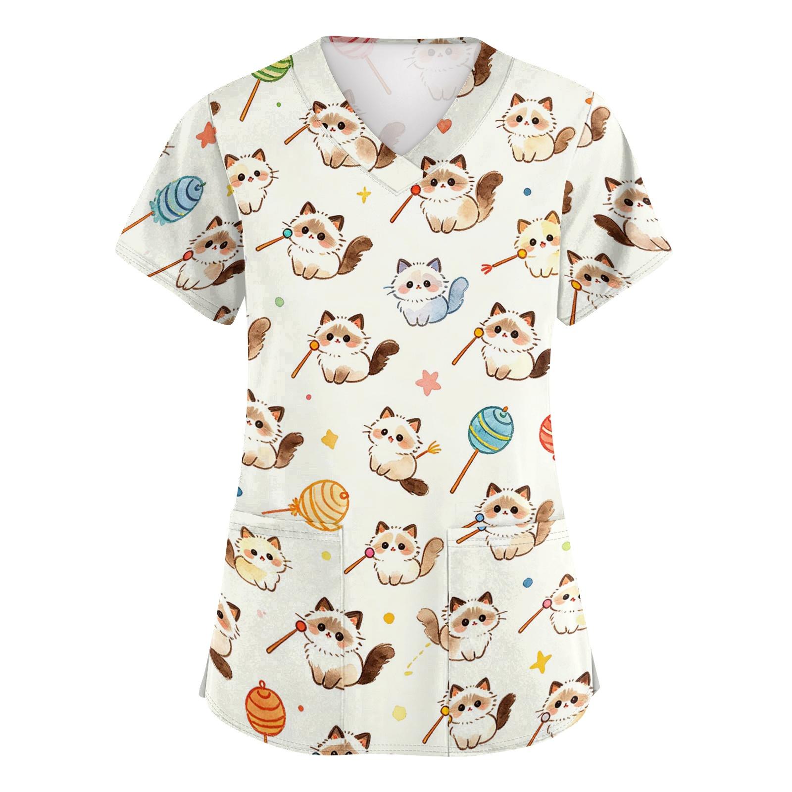 

Women V Neck Short Sleeve Work Top with Pockets Animal Print Medical Scrub Shirt Comfortable Fit Durable Fabric Suitable for Healthcare Professionals S бежевый