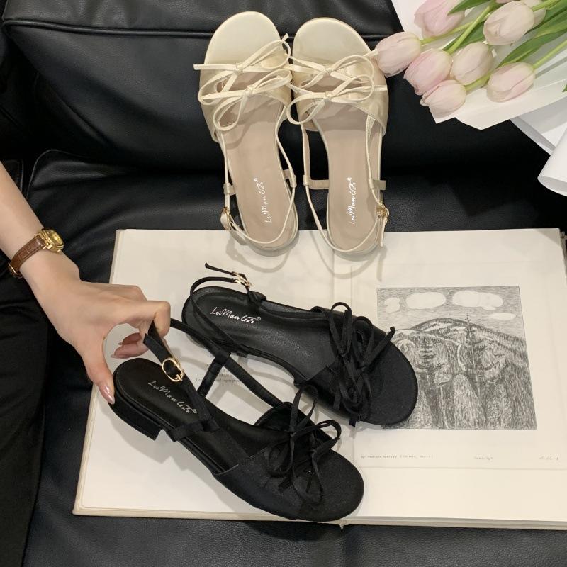 2025 Summer New Satin Bow Open-toed Flat-soled Soft-soled Sandals Round Head Outer Wear Flat-heeled Cool Slippers