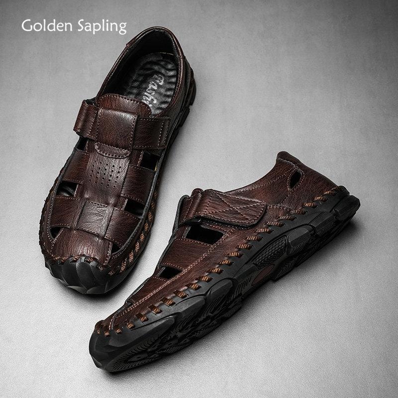 Golden Sapling Casual Sandals for Men Breathable Leather Summer Shoes Classics Men's Sandal Leisure Flats Retro Beach Party Shoe