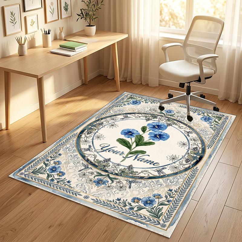 Blue Floral Elegance Theme Soft Crystal Velvet Rug Custom Name & Text Print Non Slip Floor Rug for Bedroom Living Room