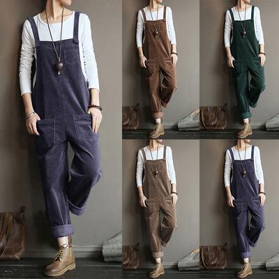 Women's Large Size Casual Corduroy Solid Color Long Overalls