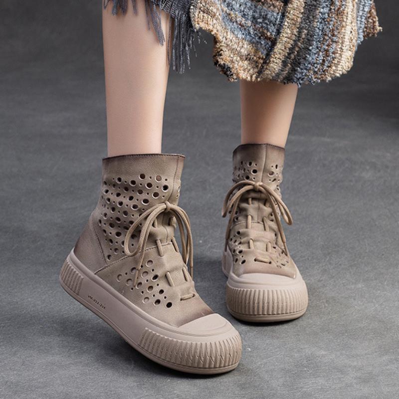 Johnature Atmungsaktive ausgehöhlte Sommerstiefel Echtledersandalen Retro Vielseitige Damenschuhe