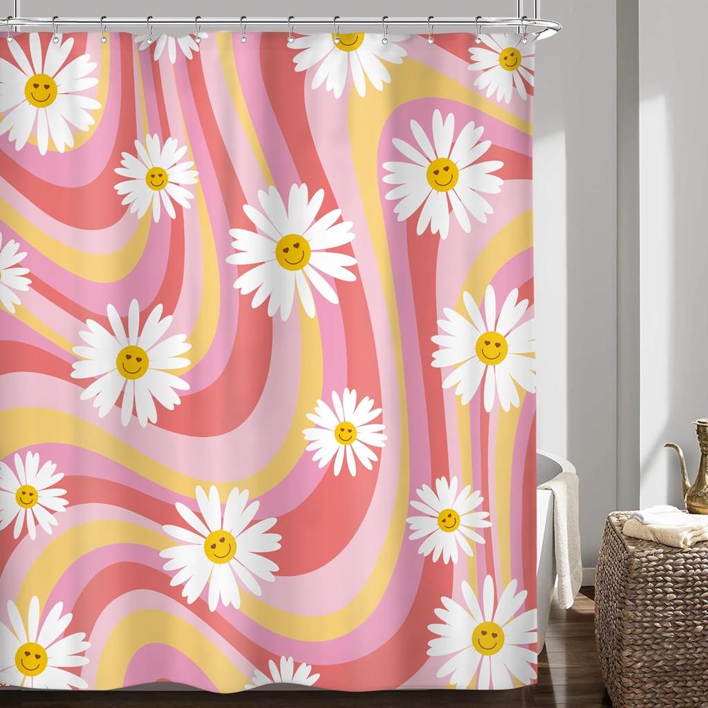 Retro Orange Floral Mushroom Shower Curtain 70s Rustic Vintage Yellow Abstract Aesthetics Poppy Flowers Mid Century Plants