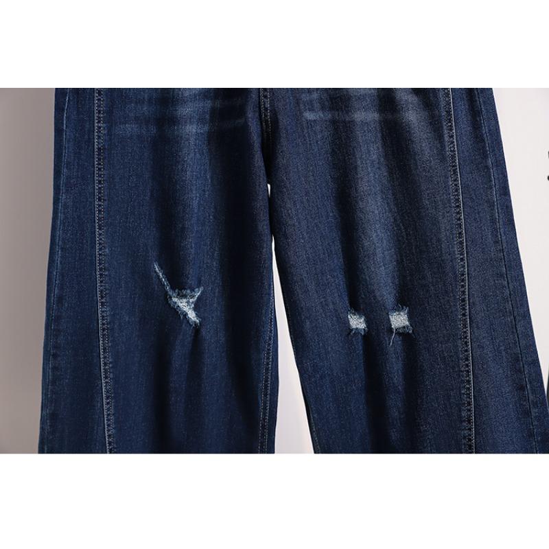DIMANAF 2026 Summer New Plus Size Women Casual Ripped Wide Leg Denim Capris Jeans Long Pants Cotton Blue