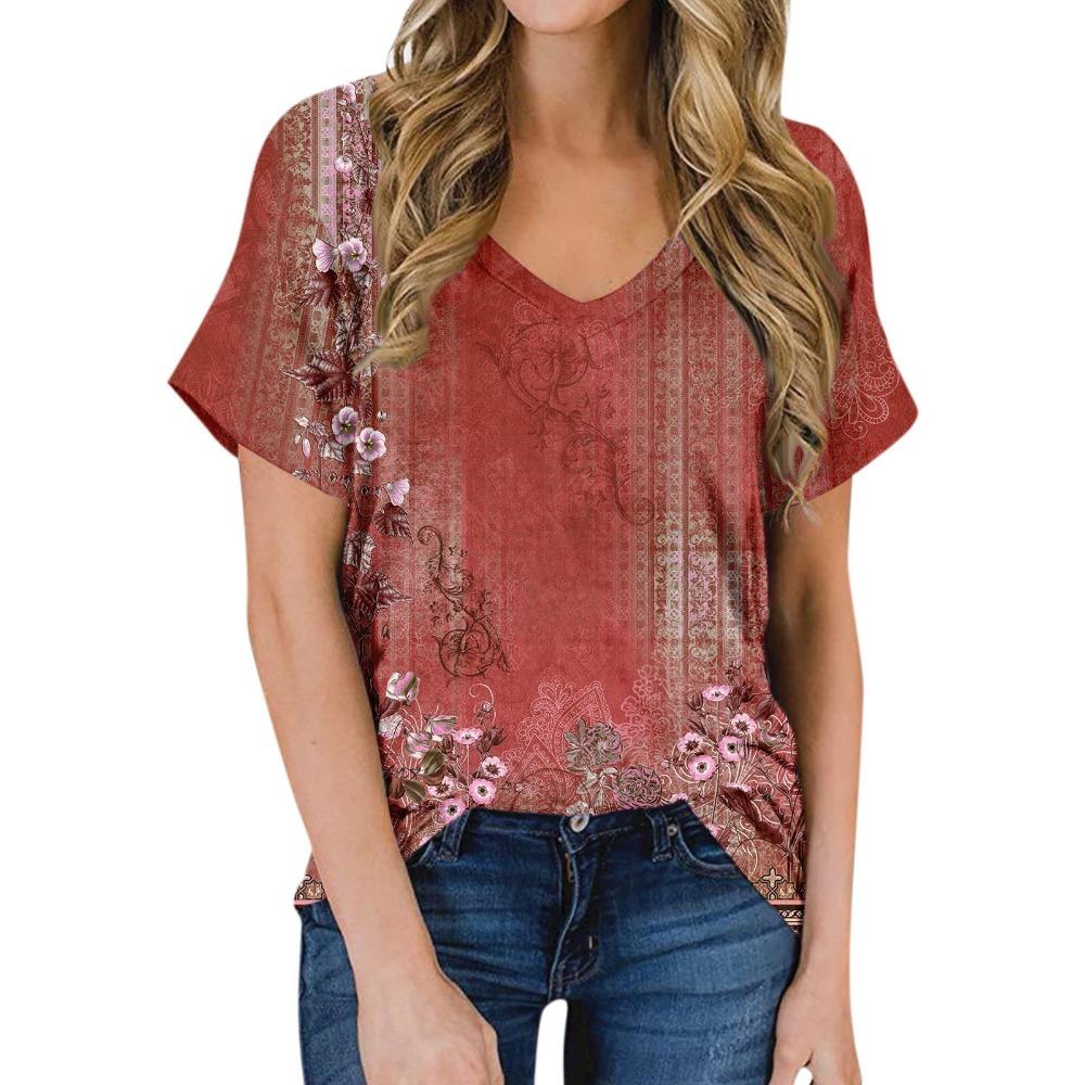 Women's Summer Casual T-shirt 2025 Fashion Retro Printing Harajuku Blouse T-shirt Street Short-sleeved V-neck Blouse