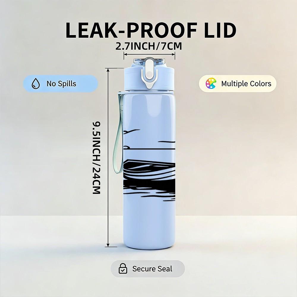 1PC Lake Boat Minimal Line Drawing 750ml Color Plastic Sports Water Bottle Leakproof Flip Straw Lid Suitable for Sports Office Home Use