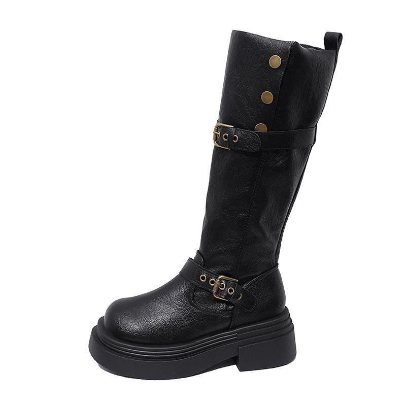 Knight belt buckle boots women's British style retro slim heightening boots autumn and winter 2025 tall new thick bottom