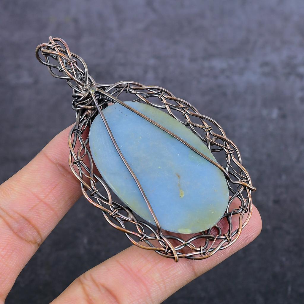 Natural Angelite Stone Gemstone Copper Wire Wrap Jewelry Pendant 3.47" g3K04