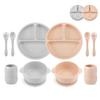 PandaEar Silicone Feeding Set | 2 Divided Suction Plates + 2 Suction Bowls + 2 Tiny Sippy Cups With 2 Spoons | Baby Led Weaning Supplies Self Feeding