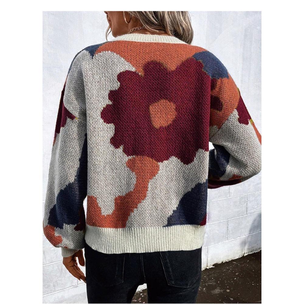 Autumn/Winter Round-neck Long-sleeved Knitted Top – Fashionable and Versatile Jacquard Casual Pullover for Women