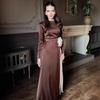 European Autumn Color Block Long Sleeve Pleated Slim Fit Dress with Waist Tie