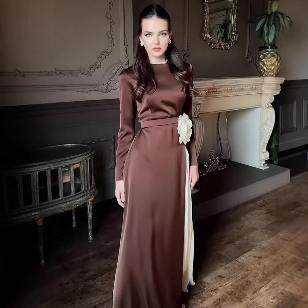 European Autumn Color Block Long Sleeve Pleated Slim Fit Dress with Waist Tie
