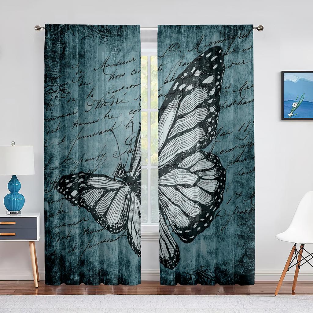 Spring Blue Floral Butterfly Sheer Curtain for Living Room Bedroom Home Kitchen Chiffon Tulle Curtains Window Treatment Decor