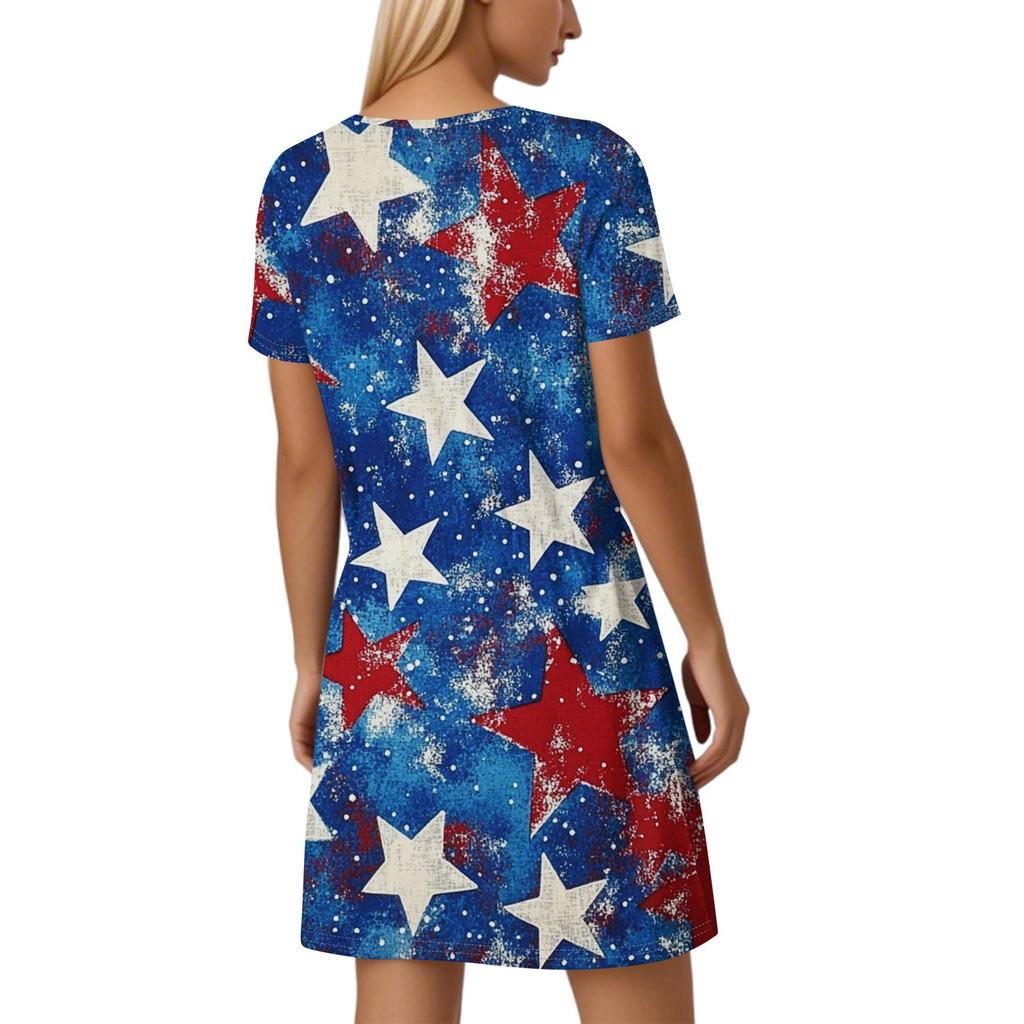 Women's Casual V-Neck Short Sleeve Drawstring Independence Day Printed Dresses