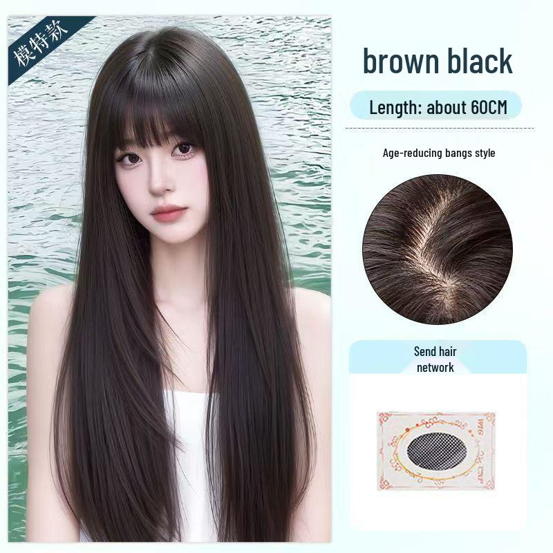 

Длинный черный прямой синтетический парик, бесшовный пробор посередине - Легкое и естественно выглядящее полное покрытие головы для женщин