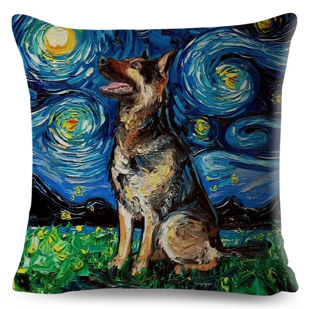 Both Sided Starry Sky Dog Cushion Cover Decor Oil Painting Cartoon Pet Animal Pillow Case for Sofa Home  Linen Pillowcase