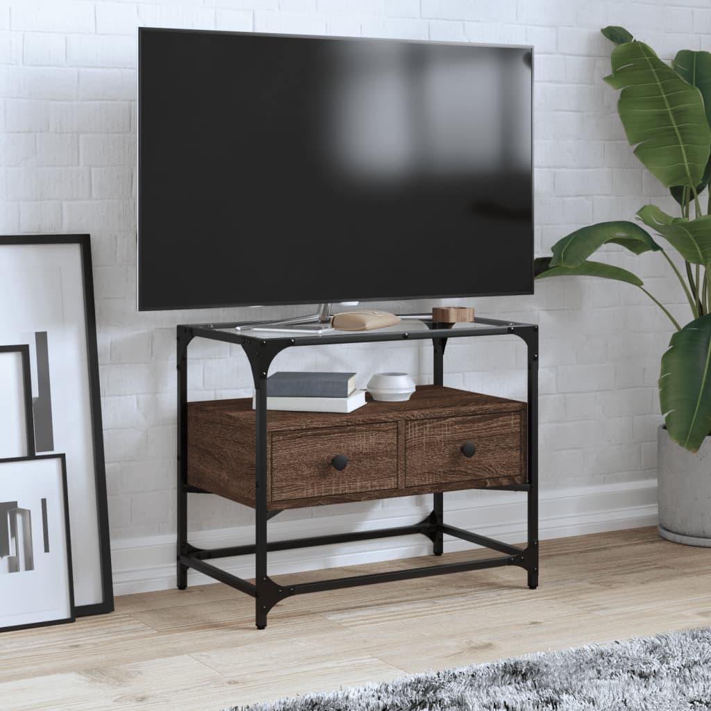 TV Cabinet with Glass Top Brown Oak Finish 60 X 35 X 51 Cm Engineered Wood