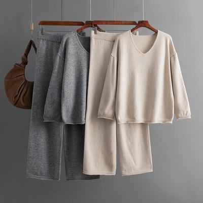 Fall Winter Lazy Wind V-Neck Pullover Sweater Suit Women's Solid Color Long Sleeve Knit Wide Leg Pants Loose Two Piece Set