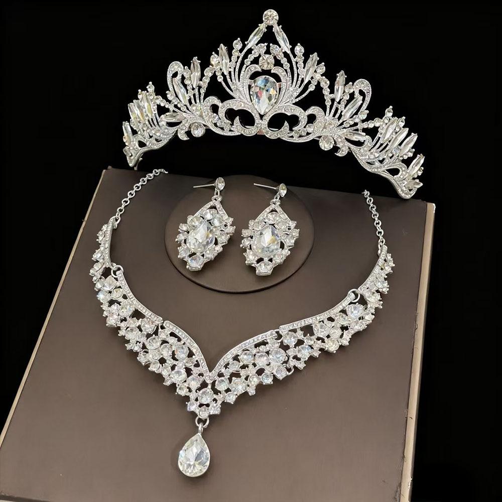 Luxurious Bride Accessories Three Piece Set Wedding Crown Headwear  Necklace Earrings Wedding Dress and Evening Gown Accessories