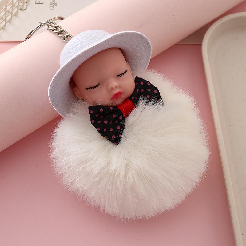 Sleeping Doll Keychain with Hat & Bow, Plush Fur Ball Ornament