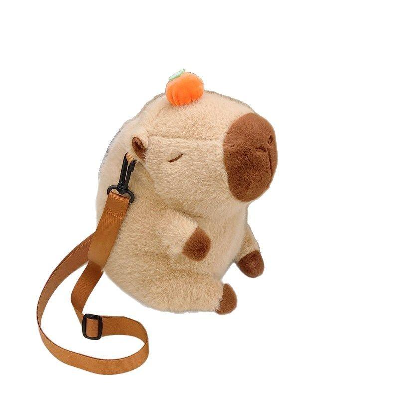 Cute Plush Capybara Backpack With Hat And Orange On The Head Design For Daily