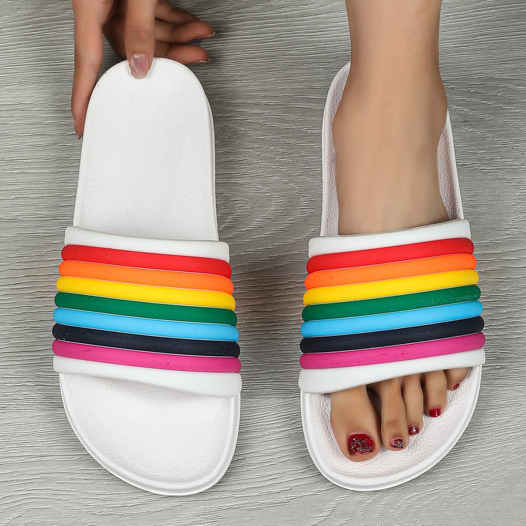 Women Rainbow Thick Sole Summer Beach Slides Bathroom Anti-Slip Slipper Soft Sandals Fashion Flip-Flops Ultra-Light Letter Shoe