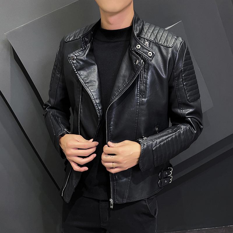 New Casual Motorcycle Windbreaker Zip Stand Collar Faux Leather Jacket Men Slim High Quality Fashion Men's Coat Streetwear