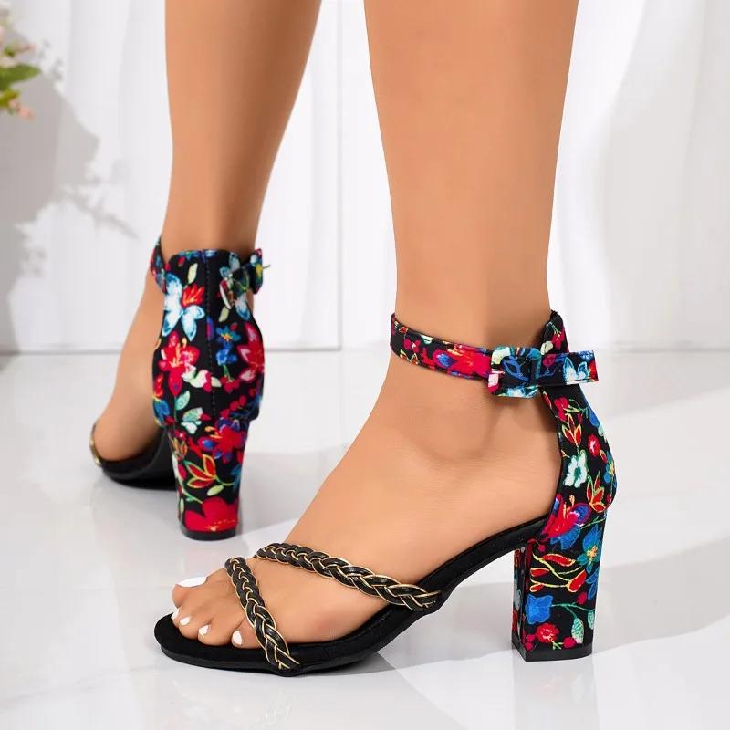 Ladies Shoes 2025 Hot Sale Open Toe Women's Sandals Printing Office and Career Summer New Plus Size Heeled Sandals