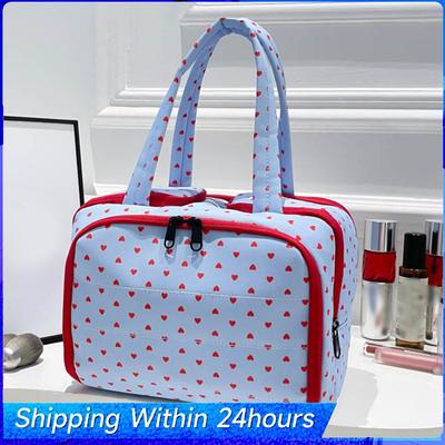 Double Wide Four Opening Cosmetic Wash Bag with Handle & Compartments Portable Cosmetic Bag Makeup Storage Bag for Women Girls
