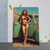 2D Flat, 1pc Retro Pinup Metal Sign 8x12 Inch - Vintage Redhead In Red Bikini & Green Classic Car Wall Art, Durable Metal Garage