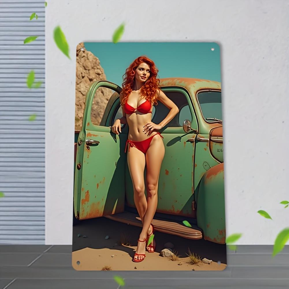 2D Flat, 1pc Retro Pinup Metal Sign 8x12 Inch - Vintage Redhead In Red Bikini & Green Classic Car Wall Art, Durable Metal Garage