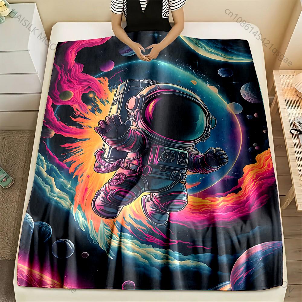 Multiple Sizes Astronaut Floating In Space Print Blanket Flannel Material Soft Warm for All Seasons Home Outdoor Camping Picnics
