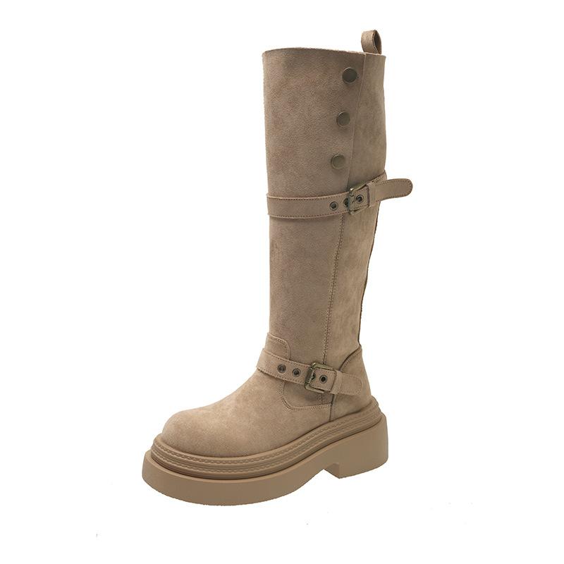 Popular retro and versatile two-wear folded thick-soled boots for children's autumn and winter design suede thick-heeled knight boots