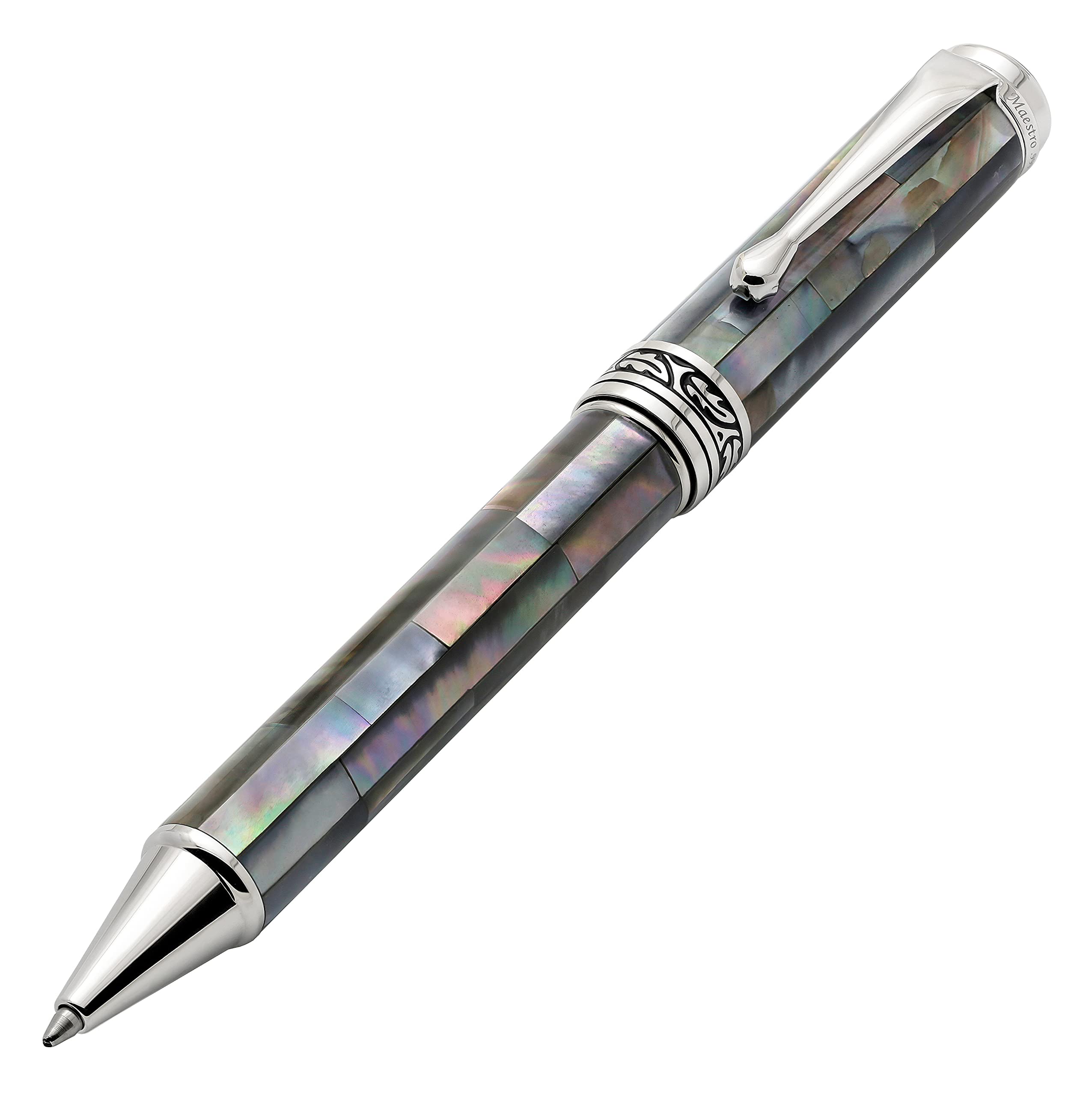 

Xezo Maestro Twist Action Ballpoint Medium Black Mother of Pearl with Platinum Limited Serialized Pen, Point. Plated. Handcrafted, Edition,