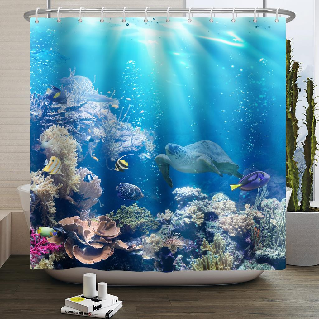 Underwater World Ocean Shower Curtain for Bathroom Seabed Animals Sea Turtle Dolphin Fish Waterproof Bathroom Curtain With Hooks