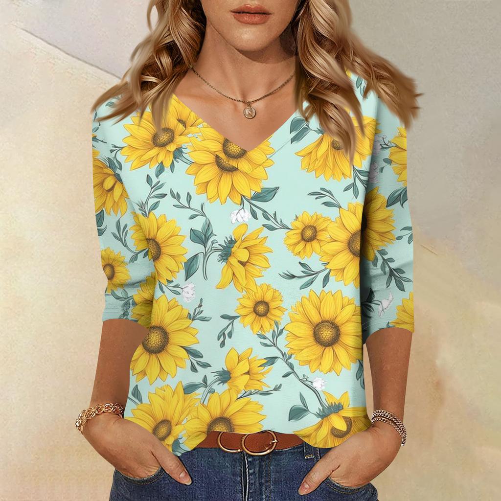 Women's Fashionable Casual V-Neck Three-Quarter Sleeve Printed T-Shirt Top