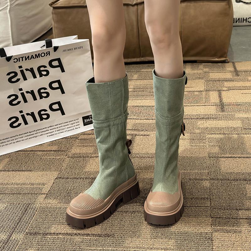 Bottes de cowboy occidentales de style rétro pour femmes, bottines longues à talons épais et à la mode, chaussures en denim pour femmes, automne et hiver