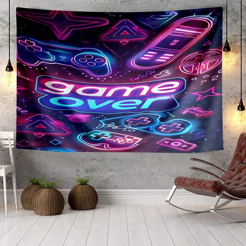Neon Game Over Art Tapestry, Unique Design Tapestry, Wall Decor for Bedroom,Livingroom, Playroom,Heartwarming Fan Holiday Gifts