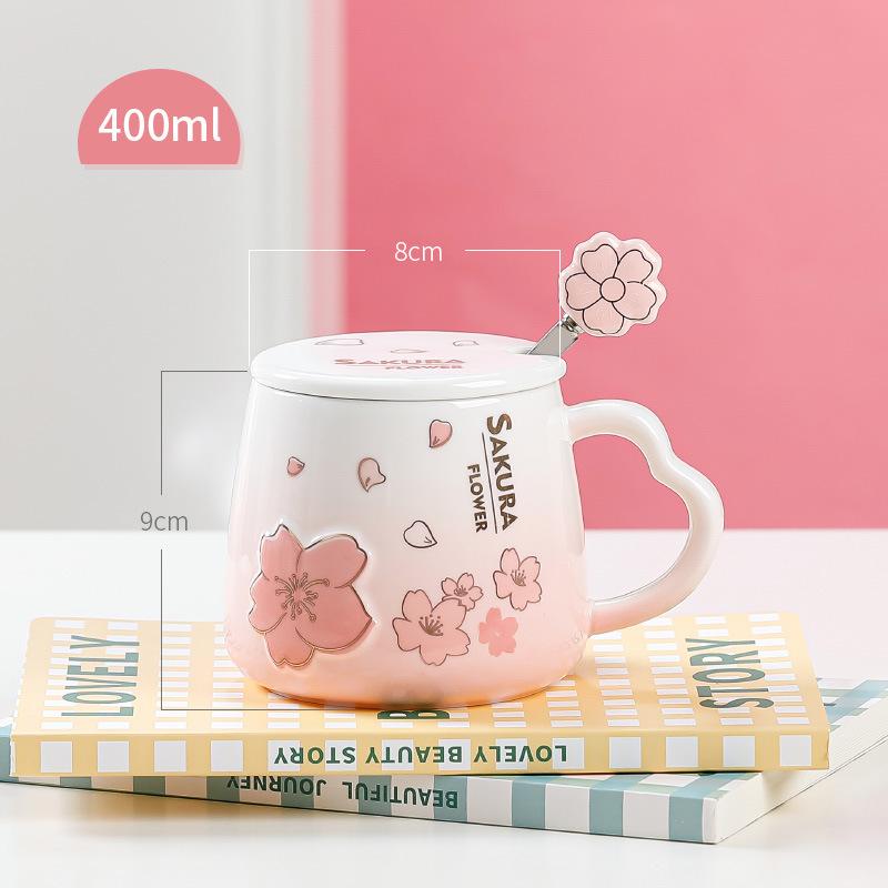 New Creative Cherry Blossom Ceramic Water Cup with Lid Spoon Heat resistant Cup Home Office Relief Mug Girl Heart