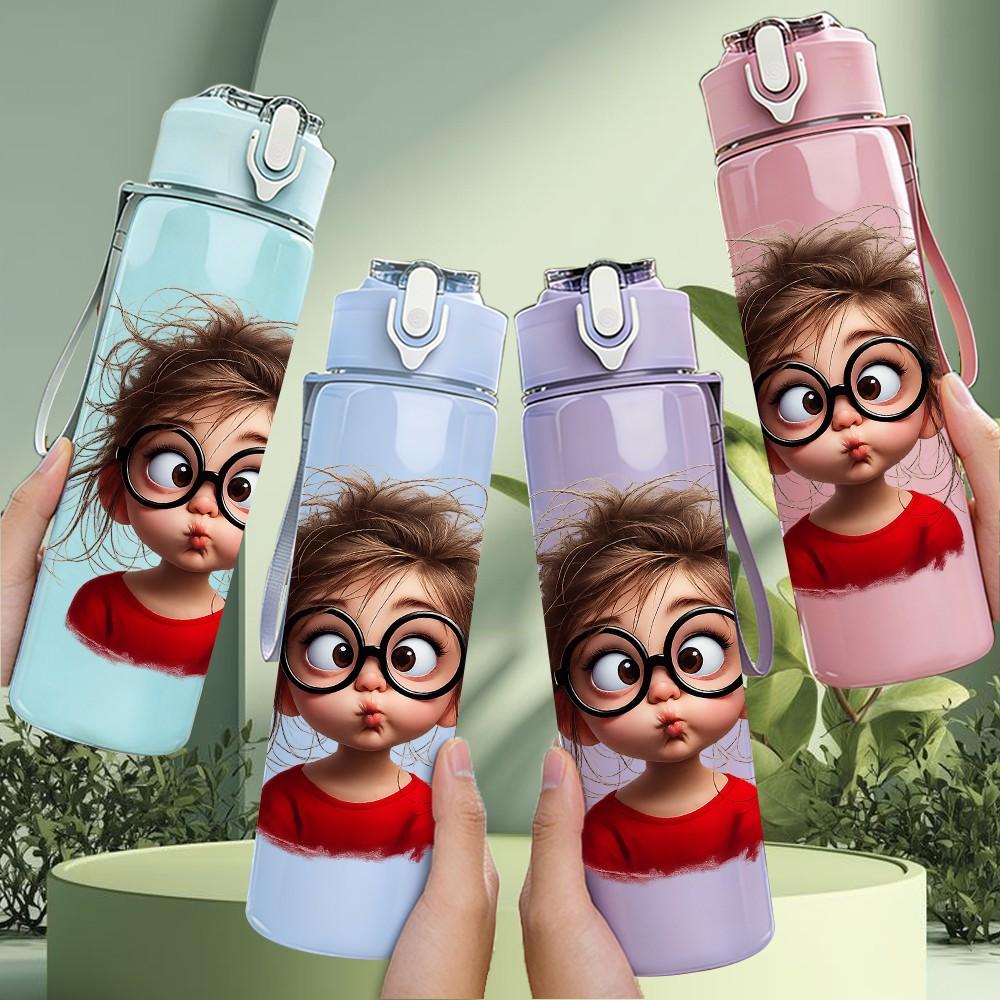1PC Girl With Glasses Cute Portrait Print 750ml Color Plastic Sports Water Bottle Leakproof Flip Straw Lid Suitable for Sports Office Home Use