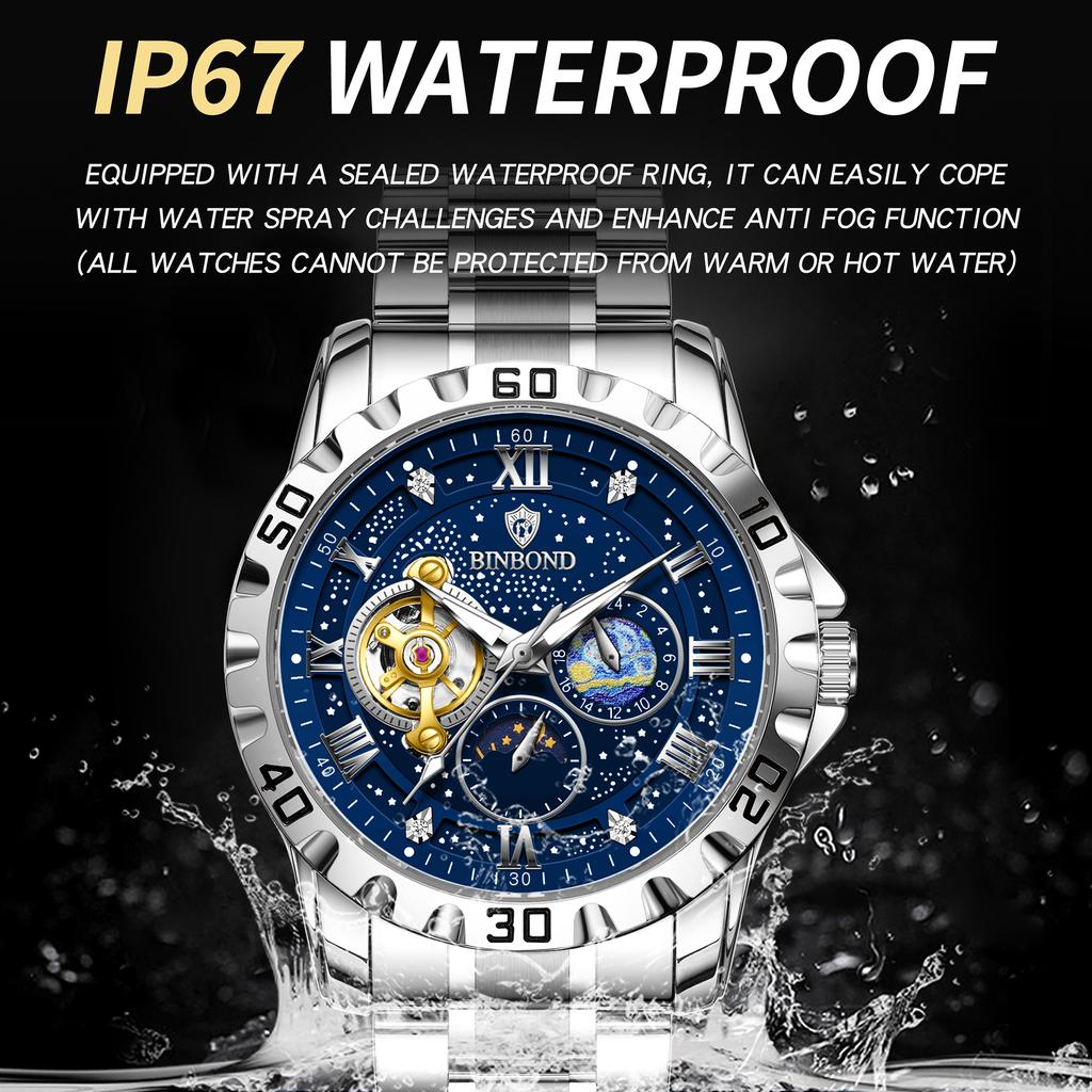BINBOND Mechanical Wristwatches For Men Tourbillon Luminous Relojes Waterproof Automatic Men's Watch Skeleton Luxury Reloj +Box