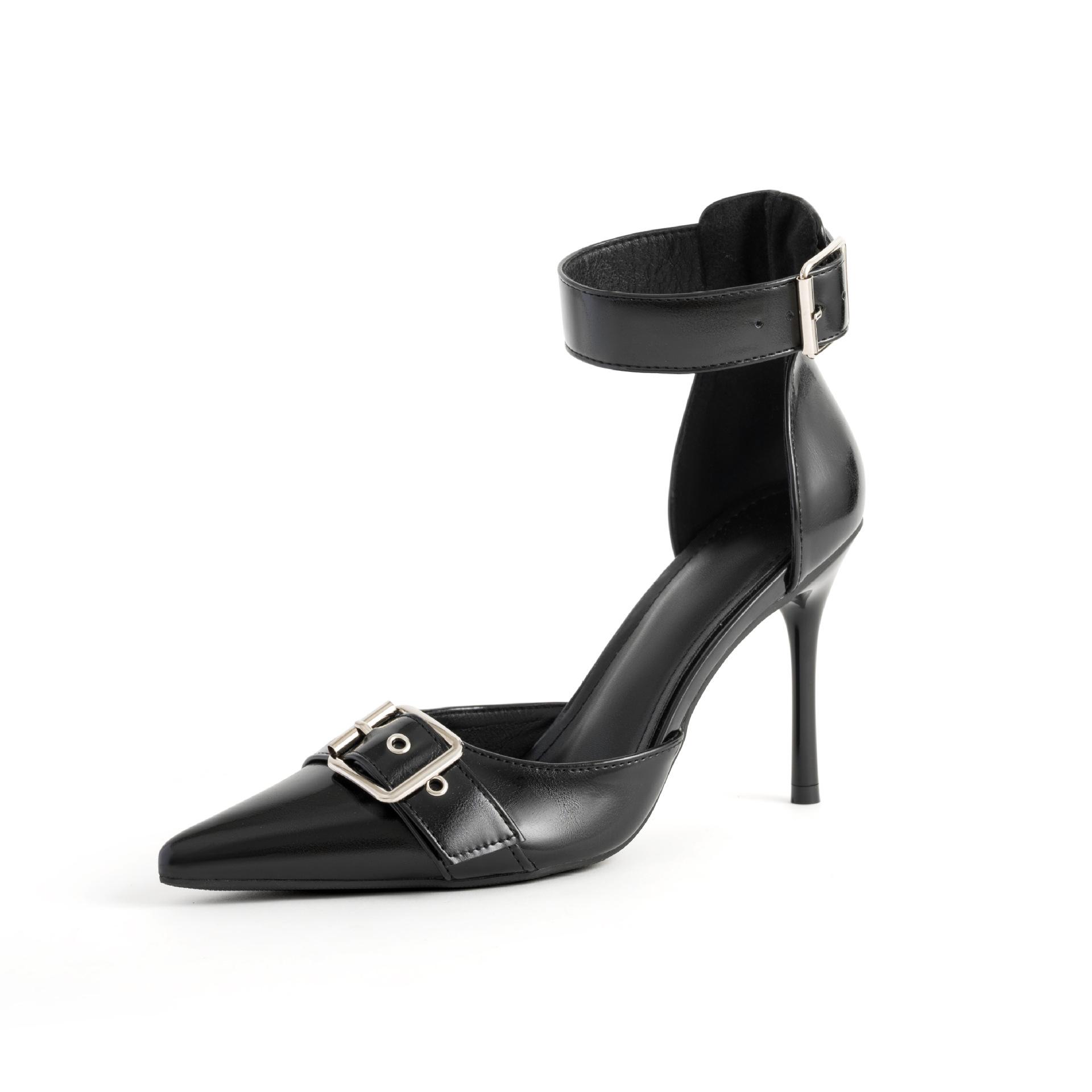 Black Pointed Toe Buckle High Heels - Large Size, Summer European & American Style, Women s Thin Heel Sandals 41