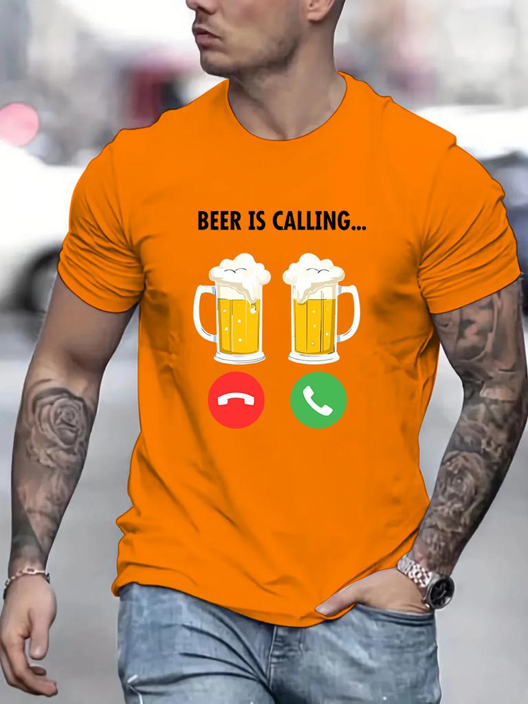 Men's 100% Cotton Summer Loose Size Fashi Beer Is Calling Print Slim Fit Casual Sports Round Neck Short Sleeved T-shirt Top
