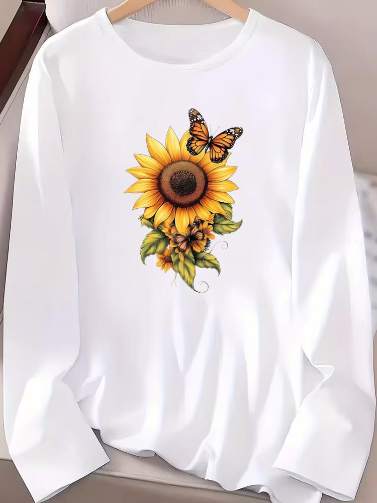 (Asian Size) style flower autumn winter Graphic Tee spring o-neck Print T Shirt Casual Clothing Women Fashion Top Long Sleeve T-shirts