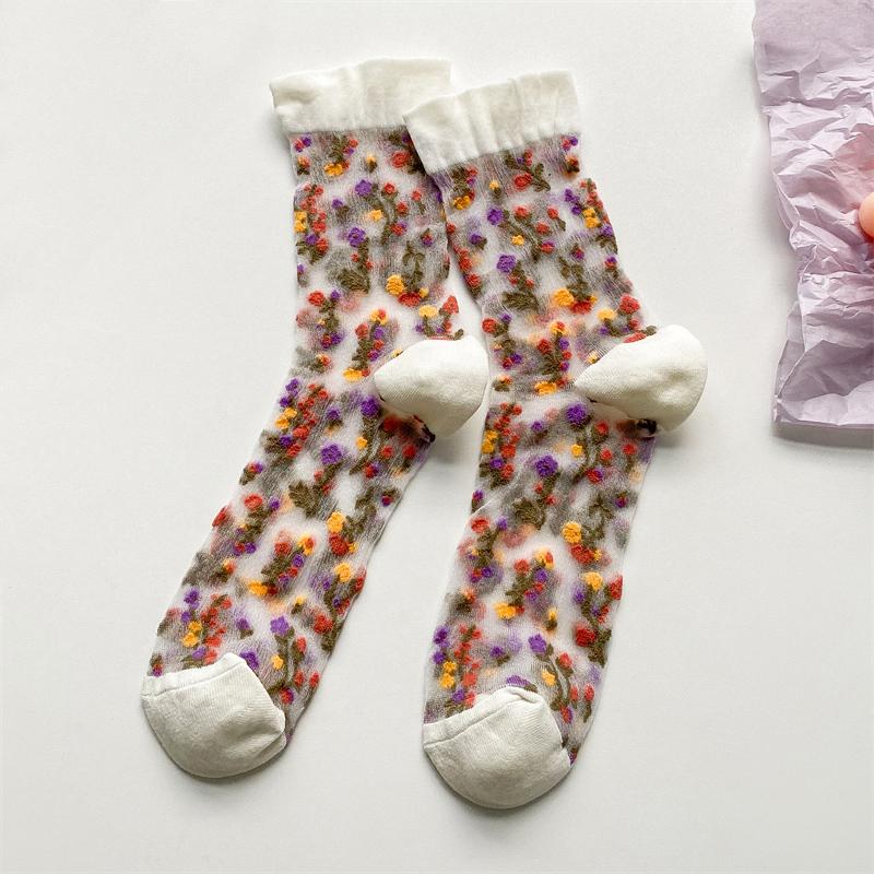 Women's Socks Thin Summer New Novelty Color Fashion Ladies Transparent Socks Breathable Korean Style Girls Flower Socks Modern