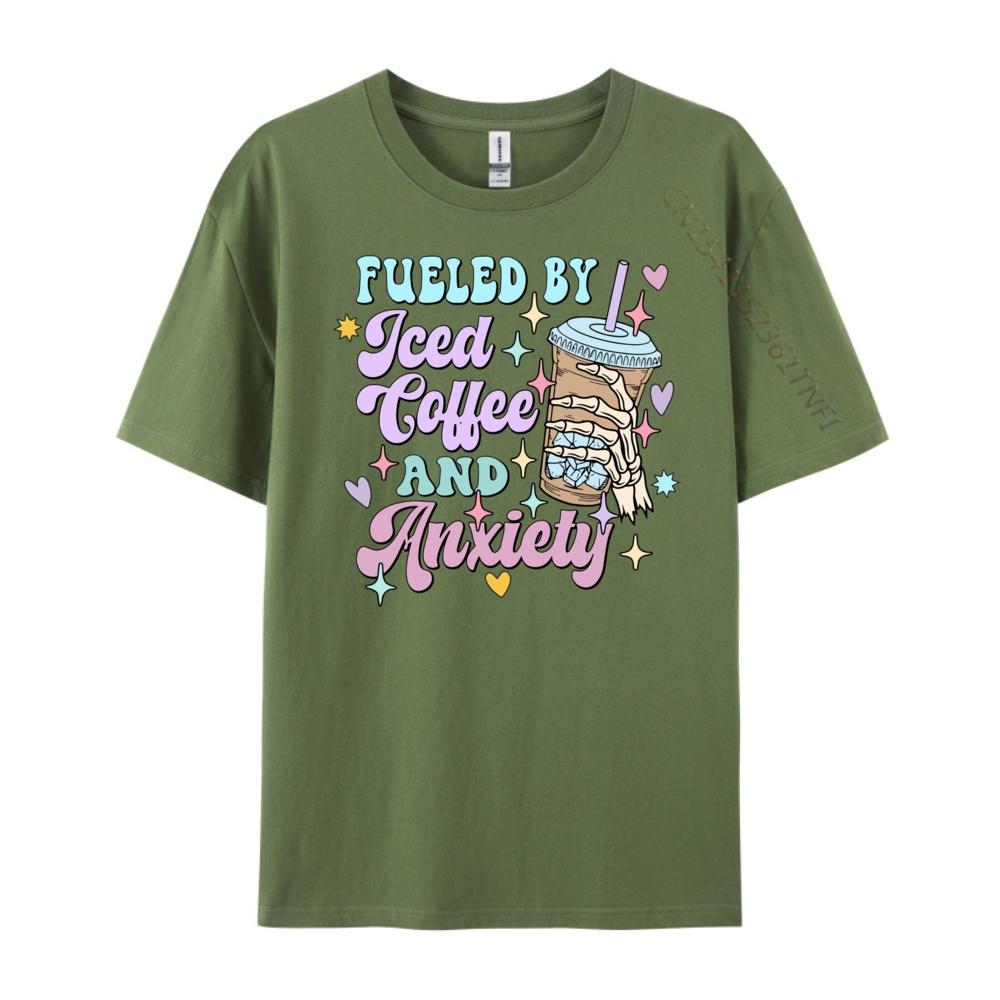 Fueled By Iced Coffee And Anxiety Coffee Shirt Green And White Graphic T Shirt Summer Funny T Shirts Gift