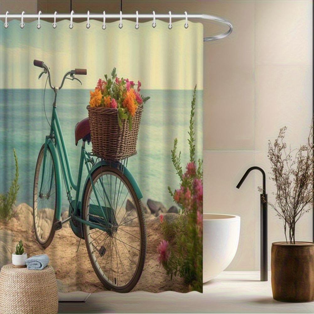 Coastal Bicycle Shower Curtain, Vintage Bike & Ocean Scene, Fade-Resistant Polyester, Machine Washable, Bath Decor