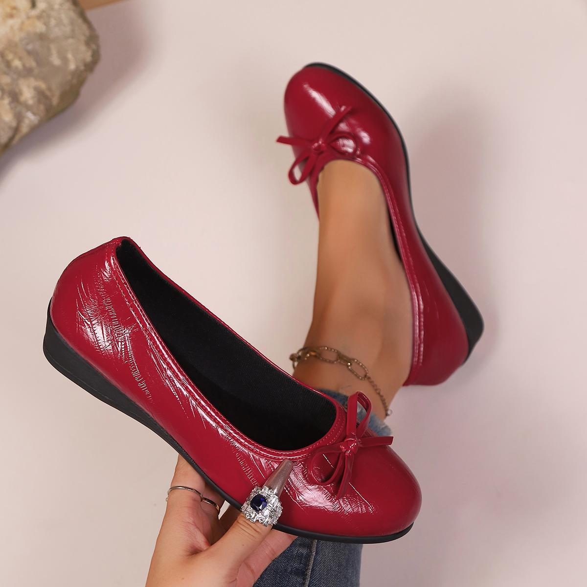 

Мода 2026 Весна Элегантные Балетки с Бантом Классическая Обувь Круглый Носок Комфортные Слипоны Женские Модные Лоферы Кожаные Мюли 43 вино красного
