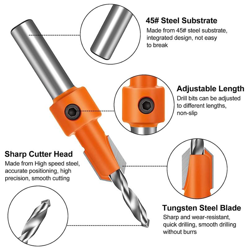 AD23-5 PCS Quick Change 8Mm Adjustable Countersink Drill Bit Set Orange Countersink Drill Bit With 5Pcs Replaceable Drill Bits