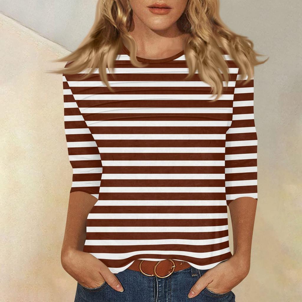 Women's O-neck 3/4 Sleeve Striped Print Top